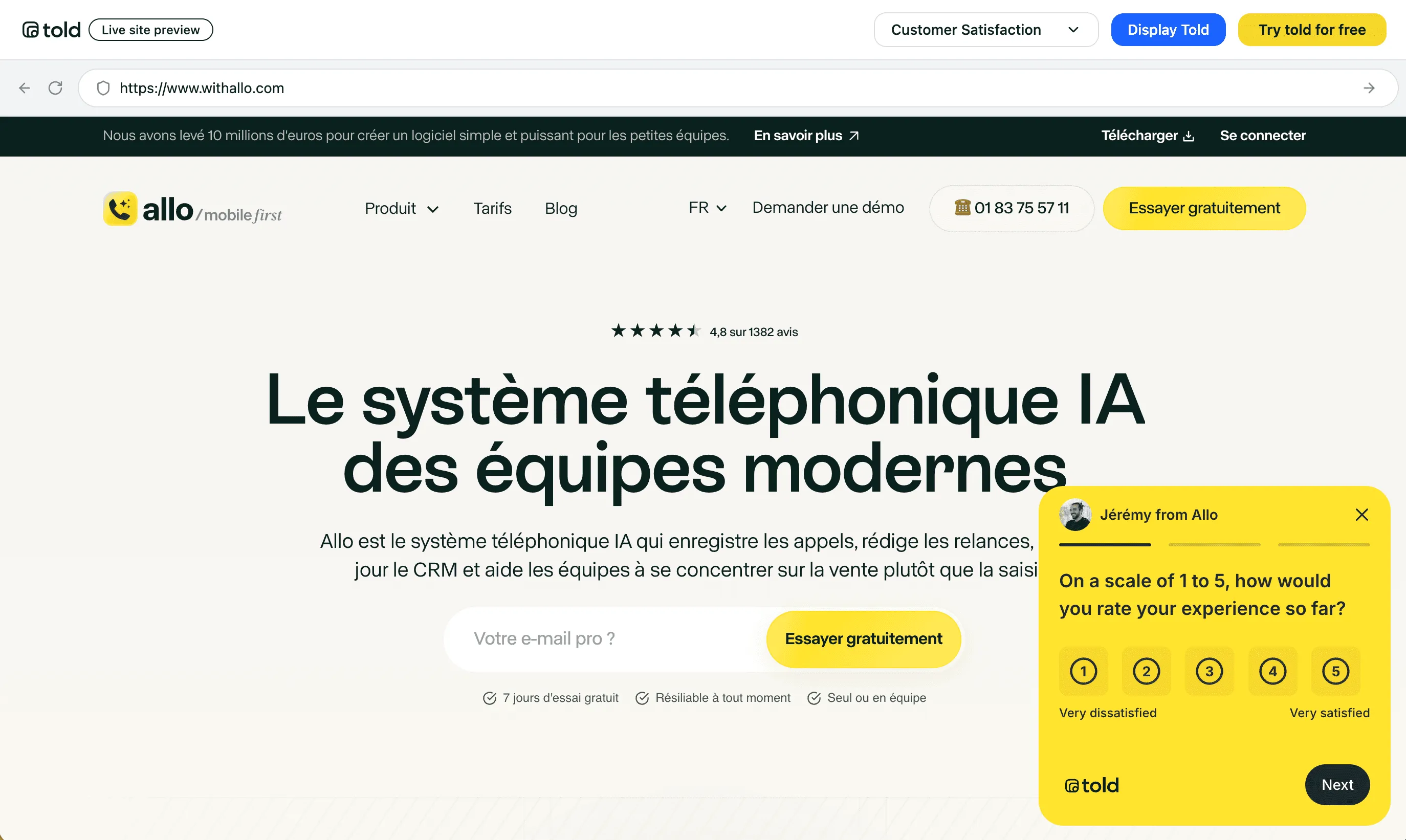 Preview of a Told in-app survey displayed on a website with a customer satisfaction feedback widget.